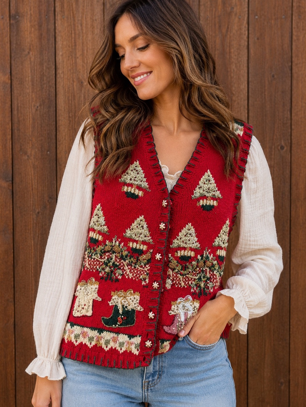 Tiara International Vintage Christmas Sweater Vest Large Embroidered Holiday